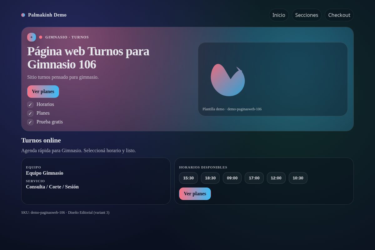 Página web Turnos para Gimnasio 106