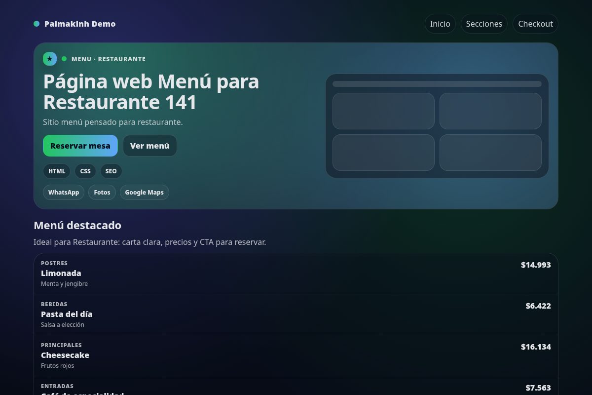 Página web Menú para Restaurante 141