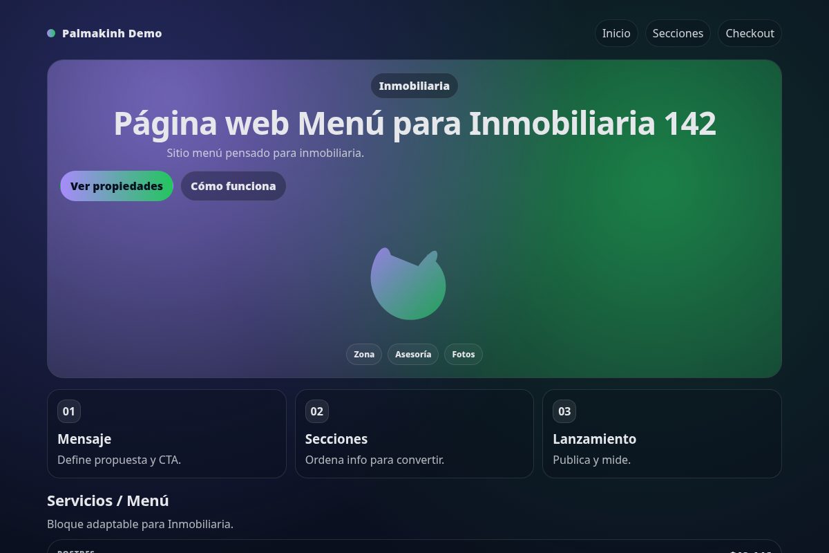 Página web Menú para Inmobiliaria 142