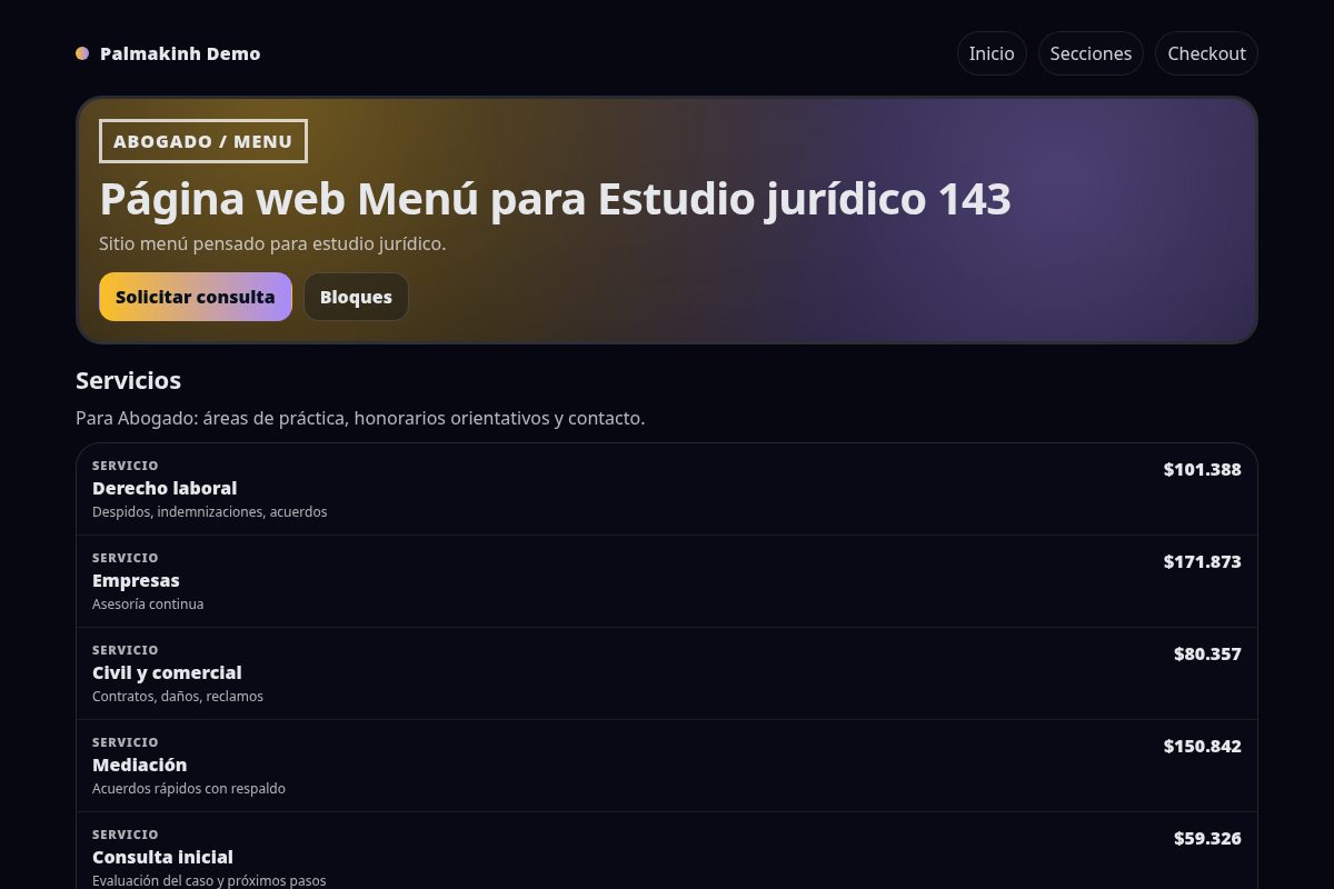 Página web Menú para Estudio jurídico 143