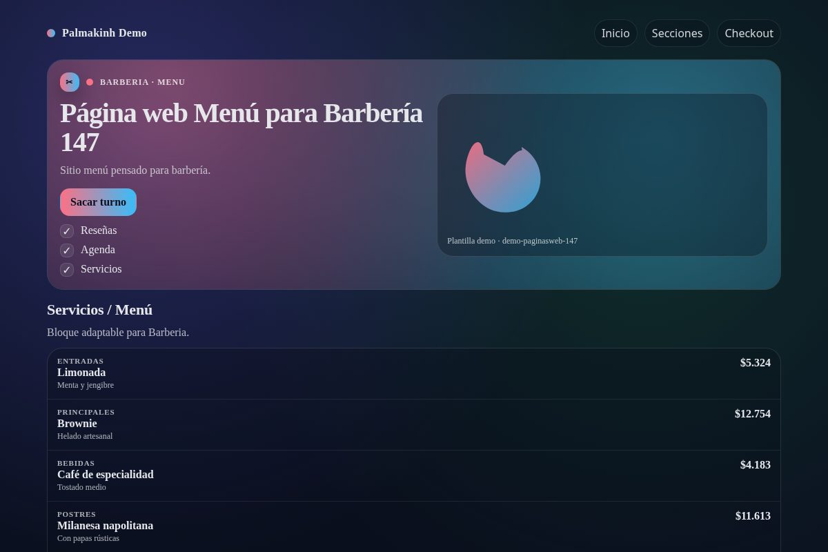 Página web Menú para Barbería 147