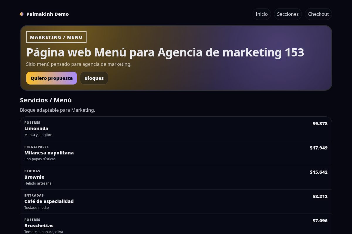Página web Menú para Agencia de marketing 153