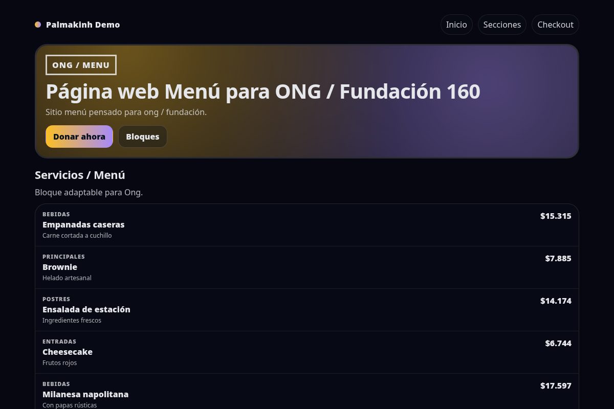 Página web Menú para ONG / Fundación 160